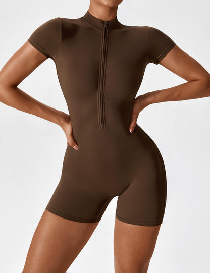 Damen Jumpsuit Kurzarm Nahtlos Reißverschluss