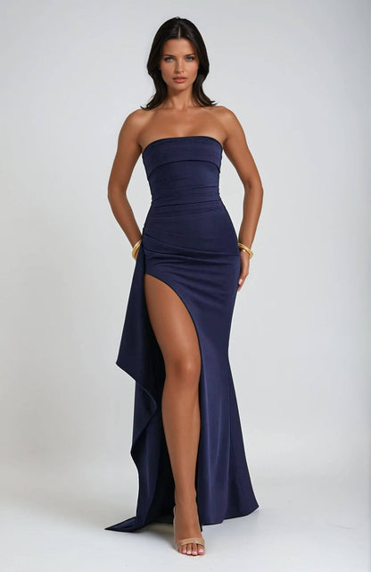 Damen Maxikleid Trägerlos Seiten Schlitz Eleganz