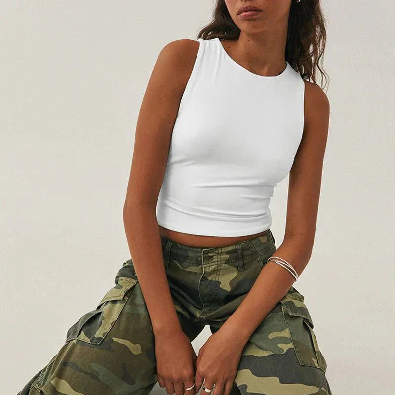 Damen Ärmelloses Crop- Bauchfrei Sommer Weiss