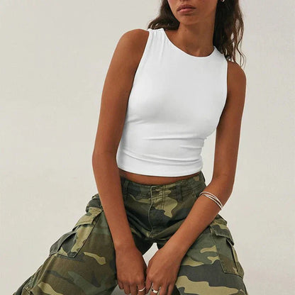 Damen Ärmelloses Crop- Bauchfrei Sommer Weiss