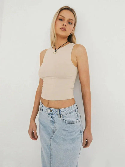 Damen Ärmelloses Crop- Bauchfrei Sommer Weiss