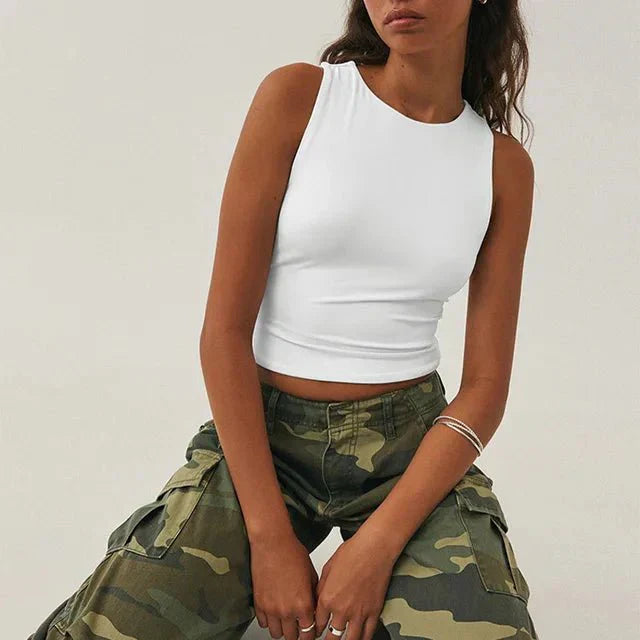 Damen Ärmelloses Crop- Bauchfrei Sommer Weiss